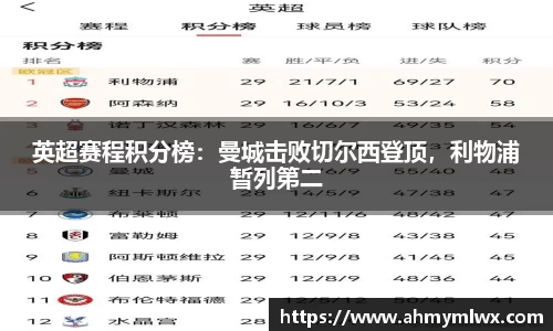 英超赛程积分榜：曼城击败切尔西登顶，利物浦暂列第二